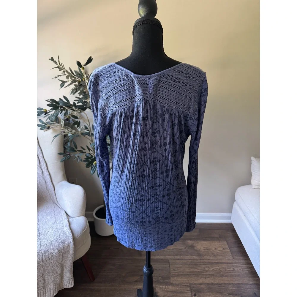 Lucky Brand Blue Boho Crochet Lace Henley Long Sleeve Peasant Top Medium